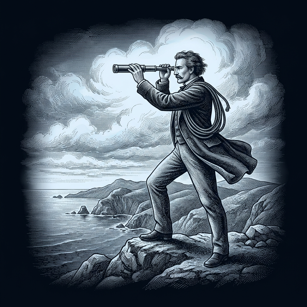 Vintage engraving of a pioneer surveying the western coastline through a telescope